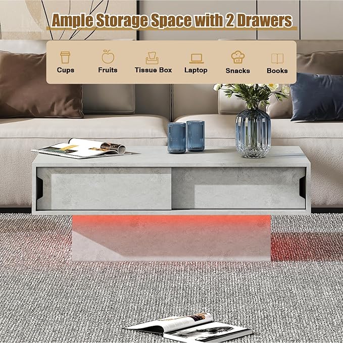 LED Coffee Table with Storage, Rectangular Center Table for Living Room, Modern High Glossy Farmhouse Grey Coffee Table with 16 Colors LED Lights, Wooden Living Room Table