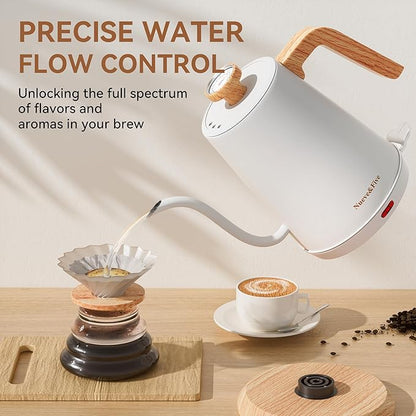 Nueve&Five Gooseneck Electric Kettle with Thermometer,Electric Tea Kettle 1L with Auto Shut-Off,1000W Hot Water Kettle of Stainless Steel for Coffee & Tea -White