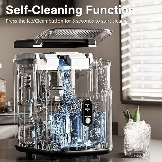 Nugget Countertop Ice Maker with Soft Chewable Pellet Ice, Automatic Cleaning, 34Lbs/24H, Pebble Ice Machine with Ice Scoop, Sonice Ice, One Click Operation for Office/Home/Bar (Stainless Steel Black)