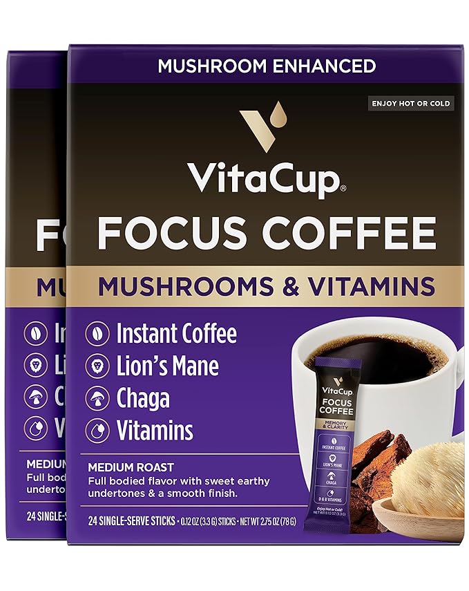 VitaCup Focus Mushroom Coffee Instant Packets, for Memory & Clarity Support, w/Fiber, Chaga, Lion’s Mane, D3, B Vitamins, Medium Roast, 100% Arabica & Robusta Coffee in Single Serve Sticks, 48 Ct