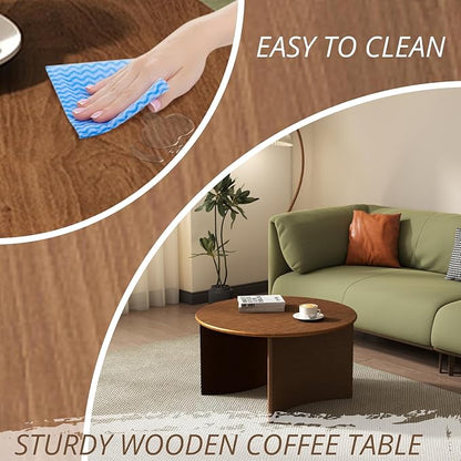 31.5″ Round Coffee Table, Walnut Circle Coffee Table with Curved Base, Solid Wood, Ideal for Living Room, Apartment, Compact Place