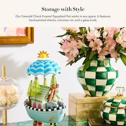 MACKENZIE-CHILDS Enamel Squashed Pot, Cute Enameled Container with Lid, 20 Ounces, Green-and-White Emerald Check