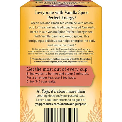 Yogi Tea Vanilla Spice Perfect Energy Tea - 16 Tea Bags per Pack (6 Packs) - Organic Vanilla Energy Tea - Focus Tea - Includes Green Tea, Black Tea, Ashwagandha, L-Theanine & More