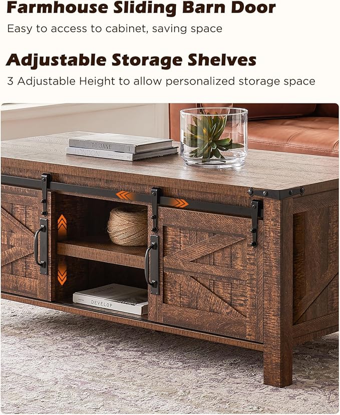 OKD 48" Farmhouse Lift Top Coffee Table with Sliding Barn Door,Rustic Center Table with Hidden Storage Compartment,Lifting Tabletop and Adjustable Shelf for Living Room,Office,Reclaimed Barnwood