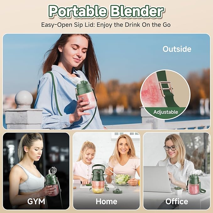 Portable Blender, Prasky Personal Blenders for Shakes and Smoothies with 27oz Cup, Lid and Shoulder Strap, Type-C USB Rechargeable, Personal Size Blenders BPA-free for Gym/Travel/Kitchen (green)