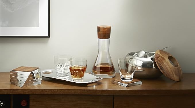 nambe Vie Decanter | Glass Wine Decanter Bottle for Bourbon, Brandy, Juice, and Liquor with Wood Stopper | Made of Glass and Acacia Wood | 10-Inch | Dishwasher Safe | Designed by Chris Granneberg