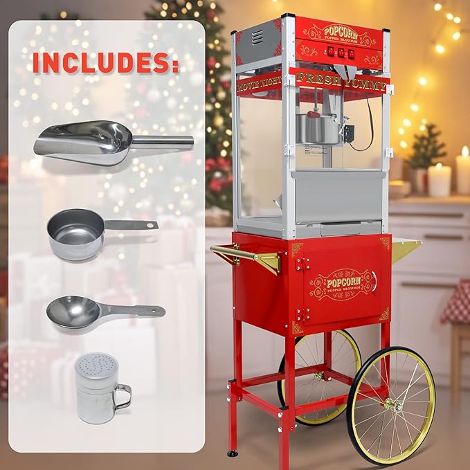 Popcorn Machine with Cart, 22oz Commercial Popcorn Maker Machine with Stainless Steel Kettle, Reject Kernel Tray, Warming Light and Steel Frame Tempered Glass Doors