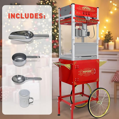 Popcorn Machine with Cart, 22oz Commercial Popcorn Maker Machine with Stainless Steel Kettle, Reject Kernel Tray, Warming Light and Steel Frame Tempered Glass Doors