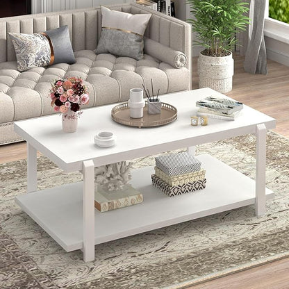 FOLUBAN White Coffee Table, Modern Rustic Wood and Metal Center Table with Storage Shelf, Rectangle Cocktail Tea Table for Living Room, 42 Inch