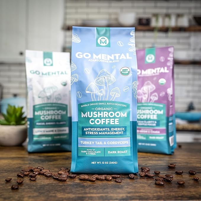 Organic Mushroom Coffee 3 Bag Gift Box Set, Lion's Mane & Chaga, Red Reishi & Chaga Decaffeinated, Turkey Tail & Cordyceps, Immune Support & Overall Wellbeing Dark Roast 36oz Ground