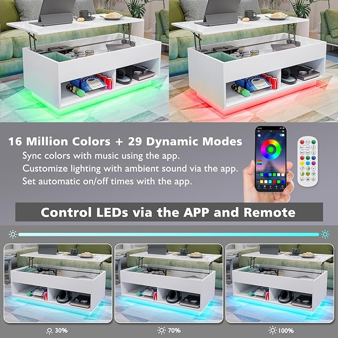 HOMMPA 40" Modern LED Coffee Table with Storage for Living Room, Lift Top Coffee Table with 2 Shelves, High Glossy Wooden Dining Table, Multifunctional Furniture for Bedroom/Home Office, White