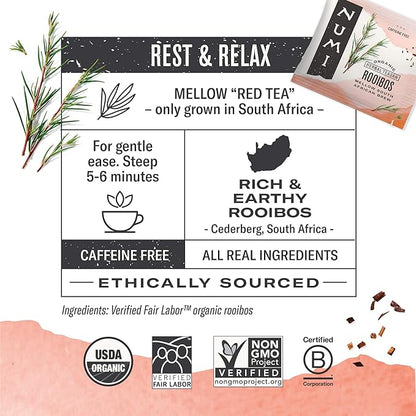 Numi Organic Rooibos Tea Variety Pack, 18 Tea Bags (Pack of 3), Chocolate Rooibos, Rooibos Chai, Rooibos (Packaging May Vary)