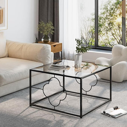 Black Coffee Table Modern Center Table,Glass Square Minimalist Coffee Table Tea Table for Living Room,Tempered Glass-top with Sturdy Metal Frame, Easy Assembly,26.4 x 26.4 x 15.7 Inches