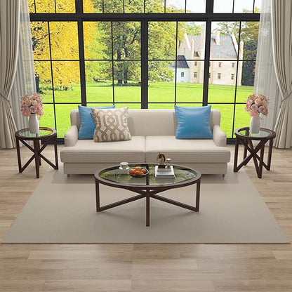 Wooden Glass Coffee Table End Table Sets of 3 Modern Oval Living Room Table Set Tempered Glass Top Side Table, Cherry Brown