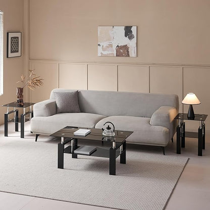 Black Glass Coffee Table for Living Room, Mordern Rectangle Tempered Glass Sofa Center Tables with Black Metal Leg for Home Office