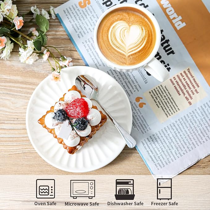 Ceramic Espresso Cups with Saucers 5 Oz,Set of 4 Porcelain Demitasse Cups Set,Small Coffee Cups with Handle for Coffee,Tea,Latte and Macchiato,Cappuccino Mugs for Kitchen and Cafe,White