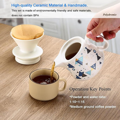 Pour Over Coffee Maker, Ceramic Coffee dripper with 100 pcs V60 Paper Filter, Ceramic coffee Server with Lid, 15.5oz/450 ml, Suitable for 1-2 people (White A)
