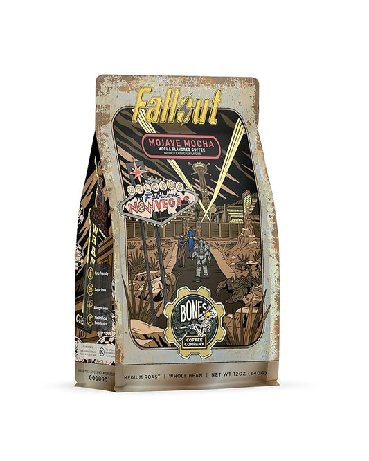 Bones Coffee Company Fallout Mojave Mocha, Mocha Flavored Coffee, Medium Roast Low Acid Arabica Beans Compatible with Auto drip and French Press Coffee Maker, 12 Oz Whole Bean