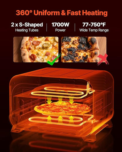 VEVOR Pizza Oven, 8 Presets Electric Pizza Ovens Air Fry Combo, 12-Inch Indoor Pizza Maker Smart Knob Control, 750°F Max Temp, IPX4 Waterproof Countertop Pizza Cooker w/Pizza Stone,Fry Basket