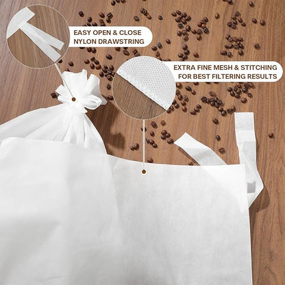 50Pcs Commercial Cold Brew Coffee Filters for 5 Gallon Buckets, 20" X 20" Disposable Coffee Filters with Drawstring for Brew Up To 5 LBS Coffee