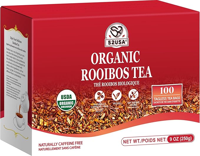 52USA Rooibos Tea Organic, 100 Tea bags, Pure Premuim Rooibos Tea, Naturally Sweet Herbal Tea, Caffeine Free Rooibos Tea, Farmed in South Africa, 9oz (250g)