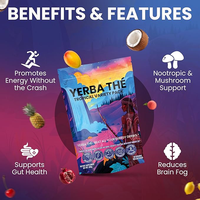Yerba Mate Powder - Gut Health Support Drink - Probiotics & Prebiotics - Reduce Brain Fog, Relaxation & Focus - Natural Yerba Mate Clean Energy - Mixed Fruit Flavors - Sugar-Free - 30 Sachets