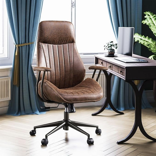 High Back Office Chair,Modern Swivel Office Chair,Brown Suede Fabric Gaming Chair,Height Adjustable Home Office Desk Chair with Lumbar Support