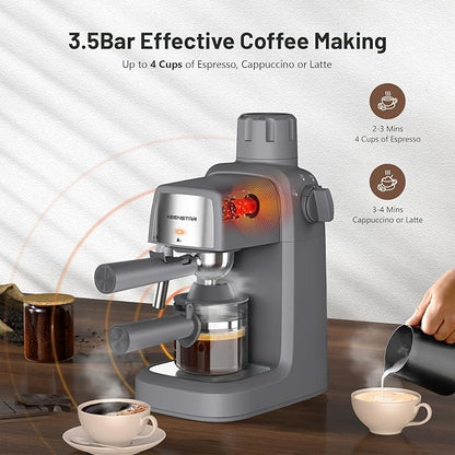 3.5Bar Espresso Machine with Milk Frother, 800W Compact Espresso and Cappuccino Machine with Preheating Function, 4 Cup Espresso Maker for Cappuccino or Latte, Gift for Coffee Lover