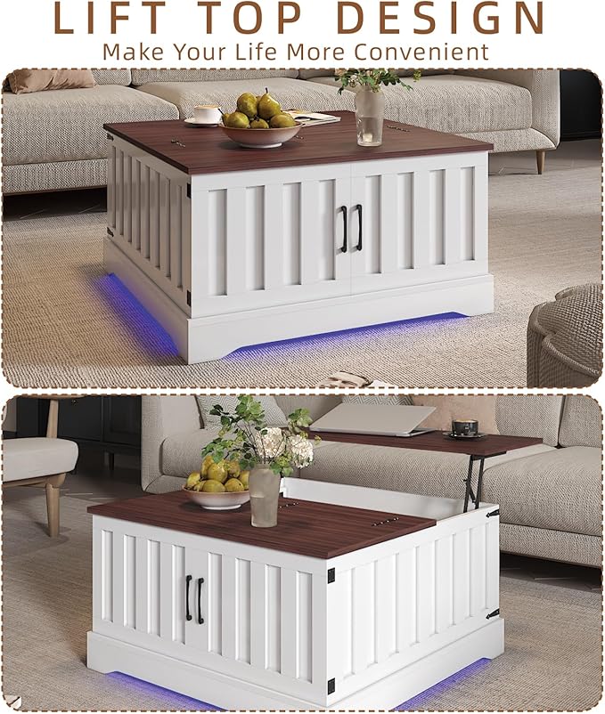 31.5" Lift Top Coffee Table with Storage, Led Square White Coffee Table with Large Hidden Storage, Wood Living Room Table Center Table for Living Room Dining Reception Room