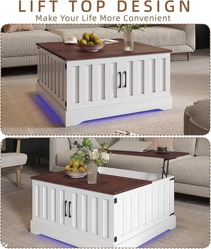 31.5" Lift Top Coffee Table with Storage, Led Square White Coffee Table with Large Hidden Storage, Wood Living Room Table Center Table for Living Room Dining Reception Room