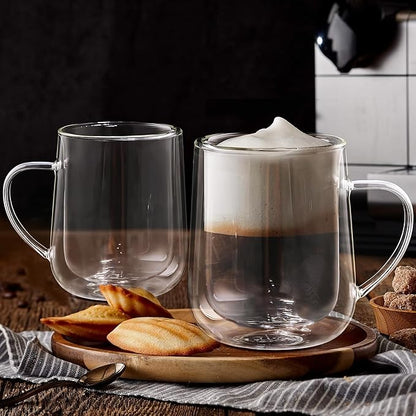 Joeyan Clear Double Walled Glass Coffee Mugs, Double Layer Tea Latte Cappuccino Cups with Handle, Double Lined Insulated High Borosilicate Glassware for Milk and Other Hot Beverages, 13.5 oz, Set of 2