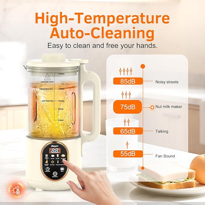Beyn 60oz Nut Milk Maker Machine with 48-Leaf Titanium Blades，10-in-1 Automatic Plant-Based Milk Maker for Homemade Oat, Soy, Almond, Juice & More，Temp Hold, Delay Start, Boil &Auto Clean