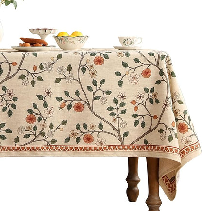 Designer Floral Table Cloth for Rectangle Table,French Linen Light Beige Indoor Tablecloth,Fall Wrinkle Resistant Decor Tablecloths for Dining Thanksgiving Kitchen,55"*79"-Flora A