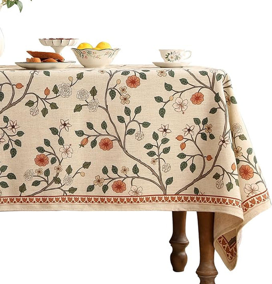 Designer Floral Long Rectangular Tablecloth,French Linen Light Beige Indoor Table Cloth,Fall Wrinkle Resistant Decor Tablecloths for Dining Thanksgiving Kitchen Party,63"*94"-Flora A