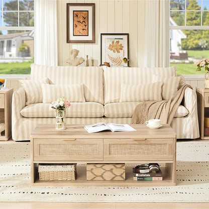LEYAOYAO 48" Farmhouse Boho Rattan Coffee Table with 2 Woven Drawers,Rectangular Coffee Tables with Hidden Storage Compartment,Curved Profile Design,Wooden Center Table for Living Room,Natual Wood