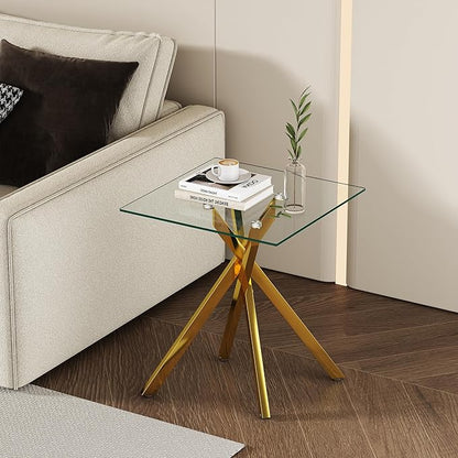 Gold Glass Coffee Table Set of 3 Modern End Table Living Room Side Table, Geometric Metal Legs 47.2 Inch Clear Rectangle Center Cocktail Tables, Gold