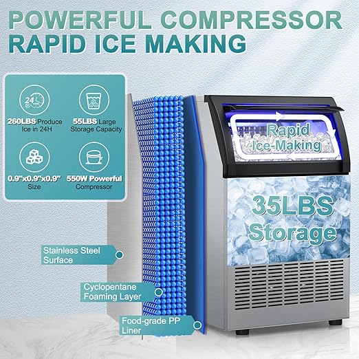 Commercial Ice Maker Machine 260Lbs/24H, 72pcs Ice Cubes Under Counter Ice Machine with Water Line and Filter, Freestanding Ice Maker Machine with 55Lbs Storage ice Bin for Home/Shop/Office/Bar