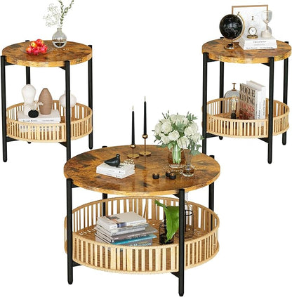 Lamerge 3 Pieces Coffee Table Set for Living Room, Boho Living Room Table Set with Rattan Storage Shelf and Metal Frame, Round Coffee Table & 2 End Side Tables for Apartment Home Office