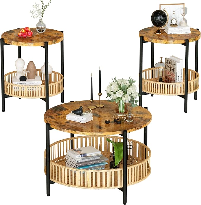 Lamerge 3 Pieces Coffee Table Set for Living Room, Boho Living Room Table Set with Rattan Storage Shelf and Metal Frame, Round Coffee Table & 2 End Side Tables for Apartment Home Office
