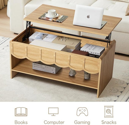 Lift Top Coffee Table with Hidden Compartment, 2 Tier Wooden Center Table with Wave Panel, Modern Lift Tabletop for Home Living Room Office, Natural