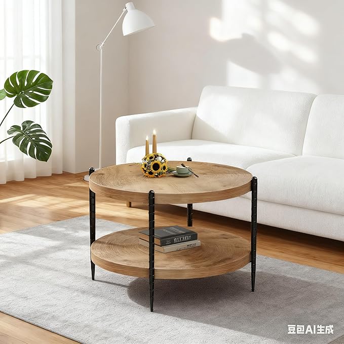 Round Coffee Table for Living Room, Small 2-Tier Circle Coffee Tables with Storage Shelf, Rustic Wood Desktop Modern Design Accent Center Table Home Furniture for Apartment, Brown and Black