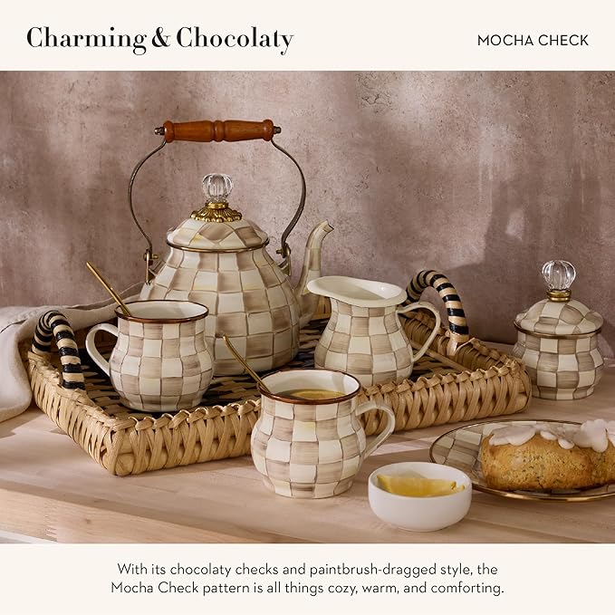 MACKENZIE-CHILDS Enamel Teapot, Cute Small Teapot with Lid, 4-Cup Capacity, Brown-and-White Mocha Check
