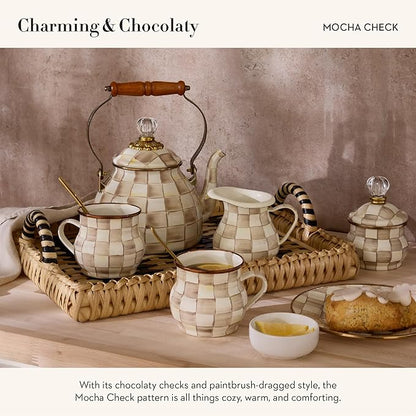 MACKENZIE-CHILDS Enamel Teapot, Cute Small Teapot with Lid, 4-Cup Capacity, Brown-and-White Mocha Check
