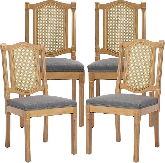 Vintage French Country Dining Chairs Set of 4, Grey Cane Back Rattan Dining Chairs with Linen Upholstered Seat, Solid Wood Legs, Farmhouse Kitchen & Dining Room, Sillas De Comedor (Gray, 4Pcs)