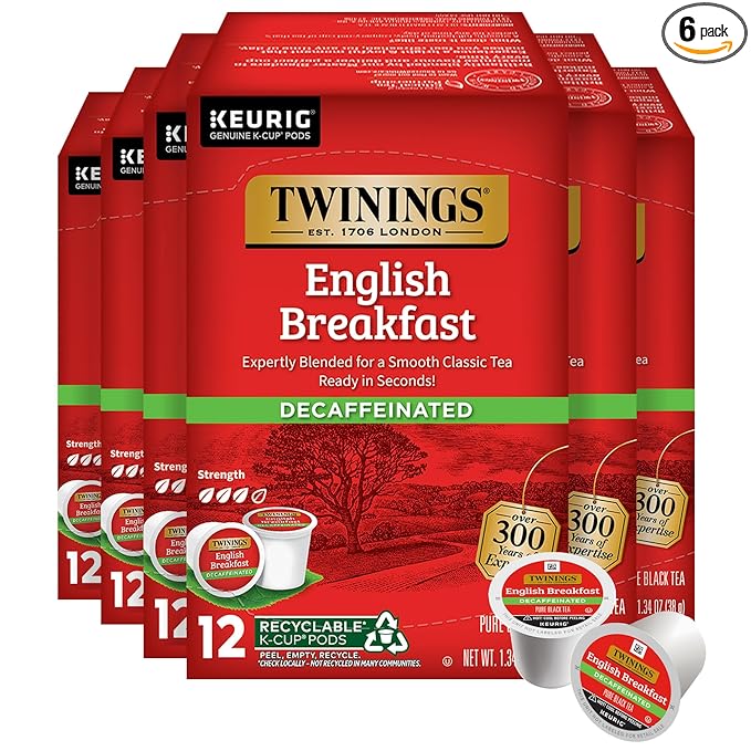 Twinings Decaffeinated English Breakfast Black Tea 72 K-Cup Pods for Keurig, 12 Count (Pack of 6), Smooth, Flavourful, Robust, Enjoy Hot or Iced