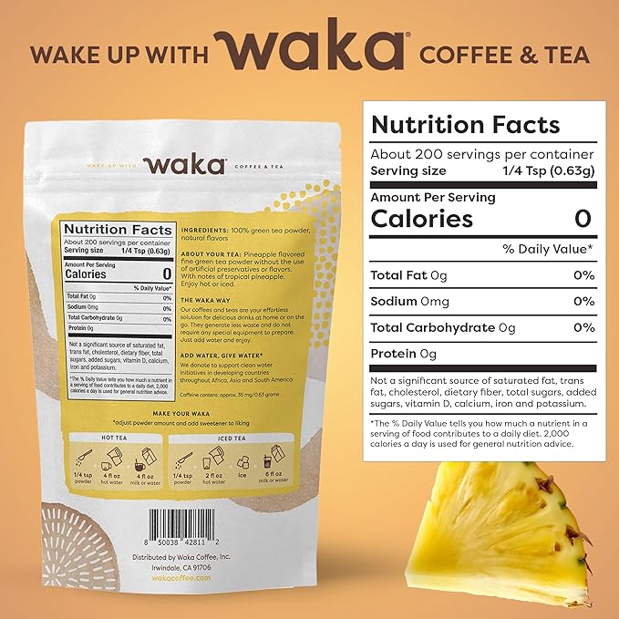 Waka Instant Green Tea Mix, Pineapple Flavored - 100% Tea Leaves, No Additives, Unsweetened Tea Powder in Bulk Pouch – Easy Quick Hot and Iced Teas, Up to 200 Cups (4.5oz)