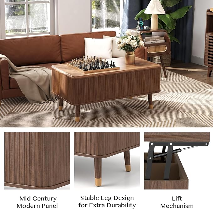 Lift Top Coffee Table with Storage Shelf & Hidden Compartment, Mid Century Modern Fluted Rectangle Dining Table for Living Room, Home Office, Walnut