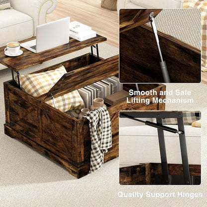 Coffee Table with Storage, 31.5" W Farmhouse Lift Top Wood Square Center Table with Charging Station, Rustic Cocktail Tables with Flip Top Lids for Living Room, Home Office, Rustic Brown