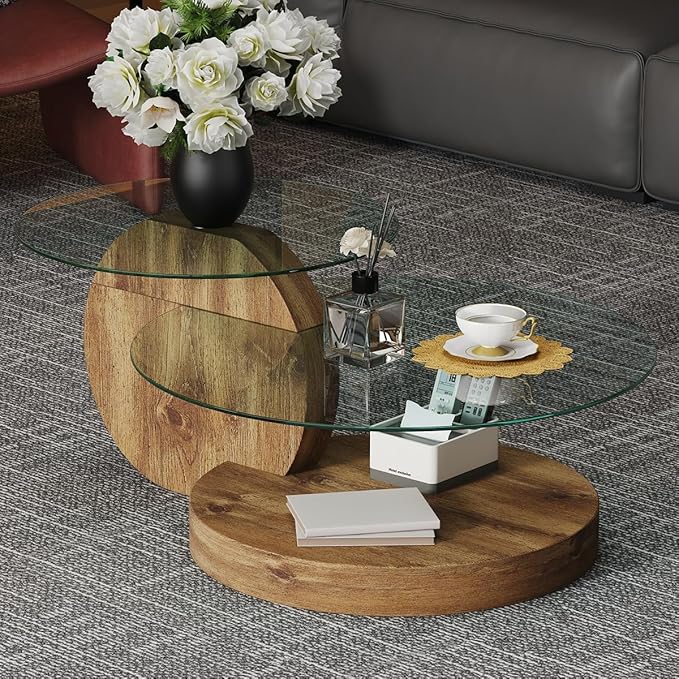 42 Inch Glass Coffee Table，Round Coffee Table with 2-Tier Tempered Glass Tabletop，Easy to Clean Circle Coffee Table with Sturdy Base for Living Room，Office （Brown Colored Base）