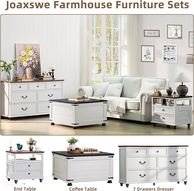 Farmhouse Coffee Table with Hidden Storage, Square Large Center Table for Living Room, Vintage Cocktail Tables with Flip-Top Lids, Farm House Tables with Wood Gourd Feet, Antique White & Black